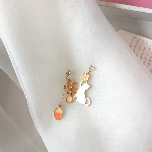 Sakura & Kitten Drop Earrings - Picture 2 of 5